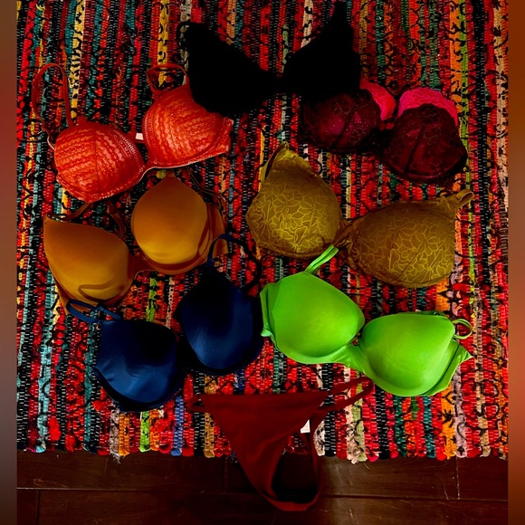 💜 VICTORIAS SECRET EUC PADDED PUSH-UP BRA PANTIES LOT OF 8 36D LARGE XL - Picture 1 of 8